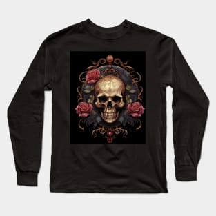 Eternal Beauty: Skull and Rose Illustration in Rococo Realms Long Sleeve T-Shirt